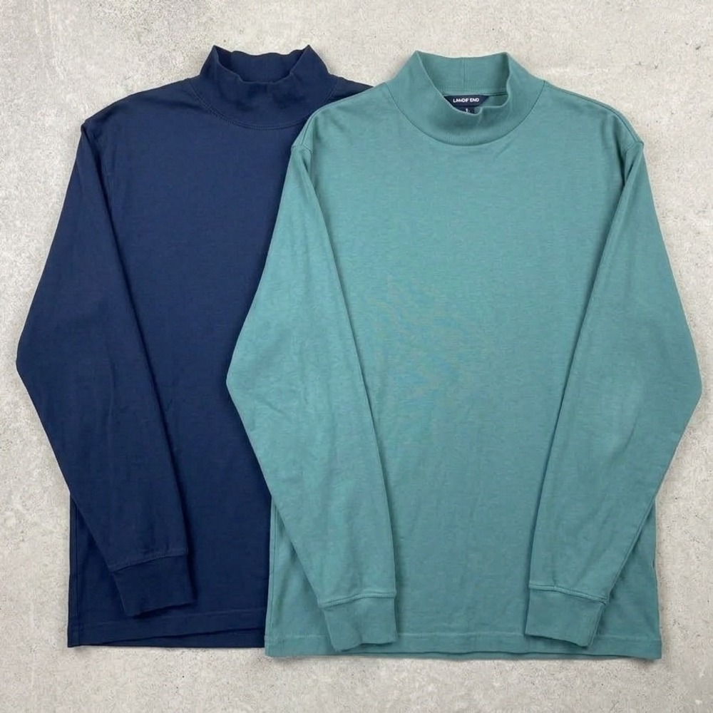 Lands' End Super-T Mock Turtleneck Mens Large Navy Teal Cotton Set Two Layering